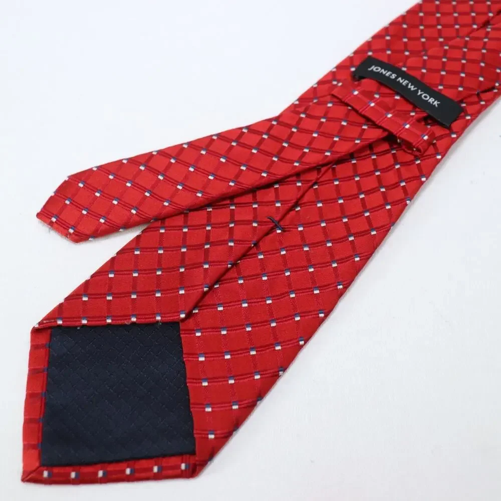 Jones New York Tie Mens 60 in Silk Red White Blue Micro Squares Diagonal Ribbed